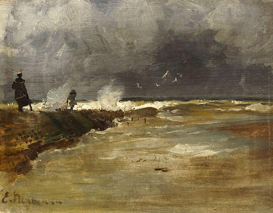 Emil Neumann Strandspaziergang bei Wellengang Germany oil painting art